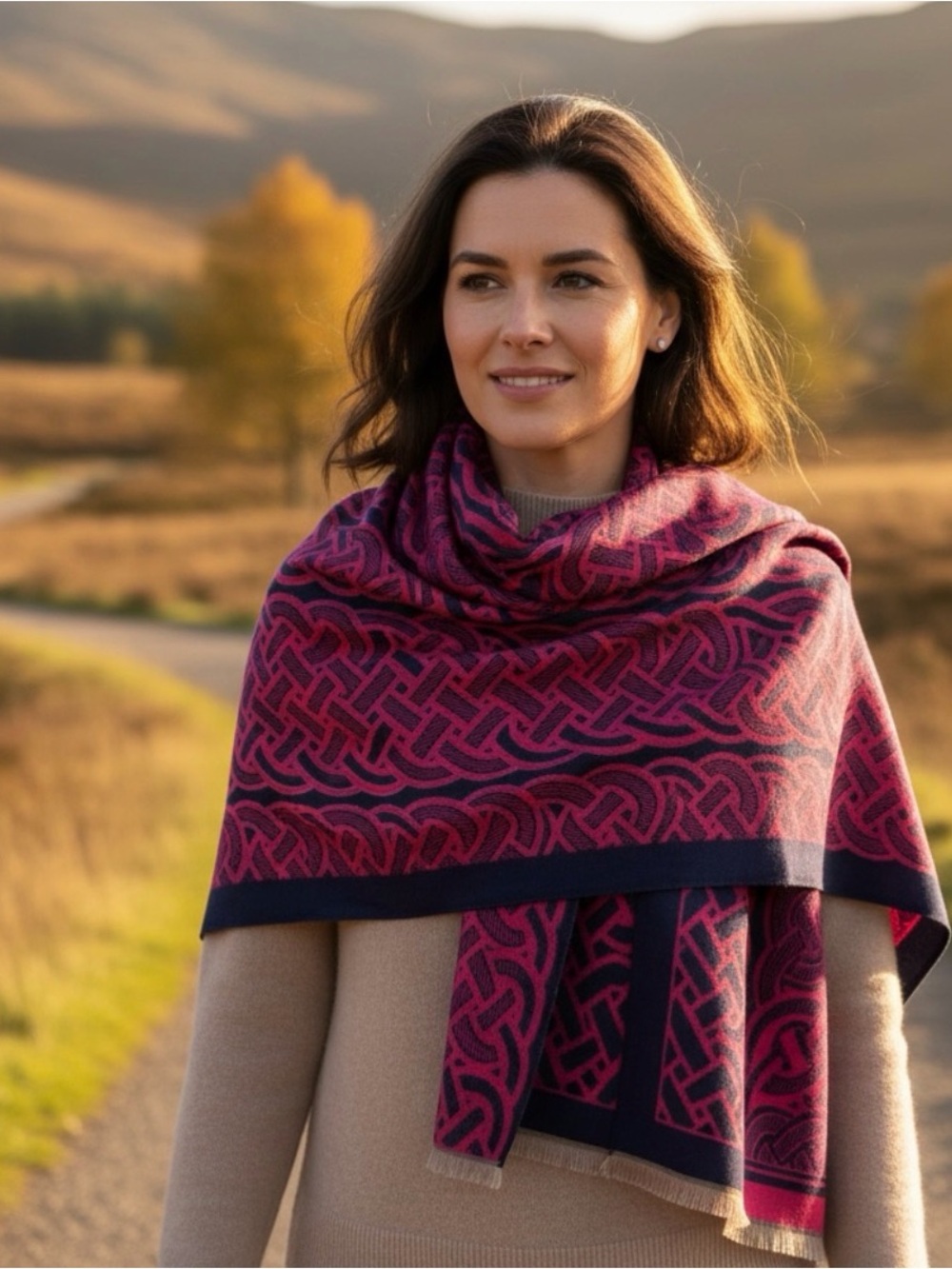 Clan Artisan fuschia and Navy Patterned Scarf - Picture 1 of 8